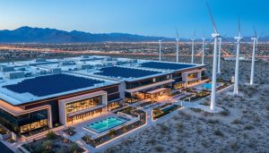 Blue-hour aerial oblique view of a modern casino resort with rooftop solar panels and nearby wind turbines, warm LED facade lighting, and desert mountains with city lights softly blurred in the background.